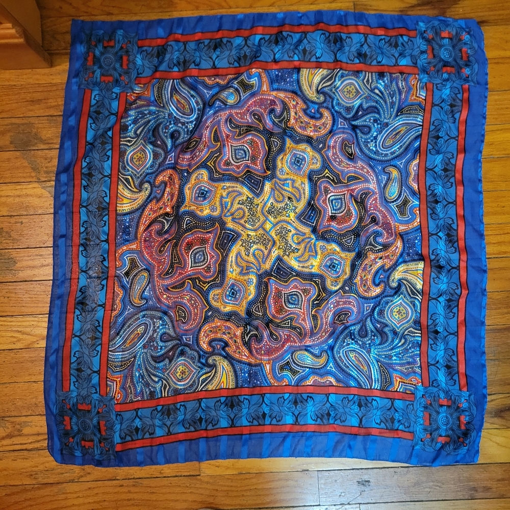 Paisley Patterned Blue and Orange Scarf EUC Vintage Chic Old Money Eclectic‎